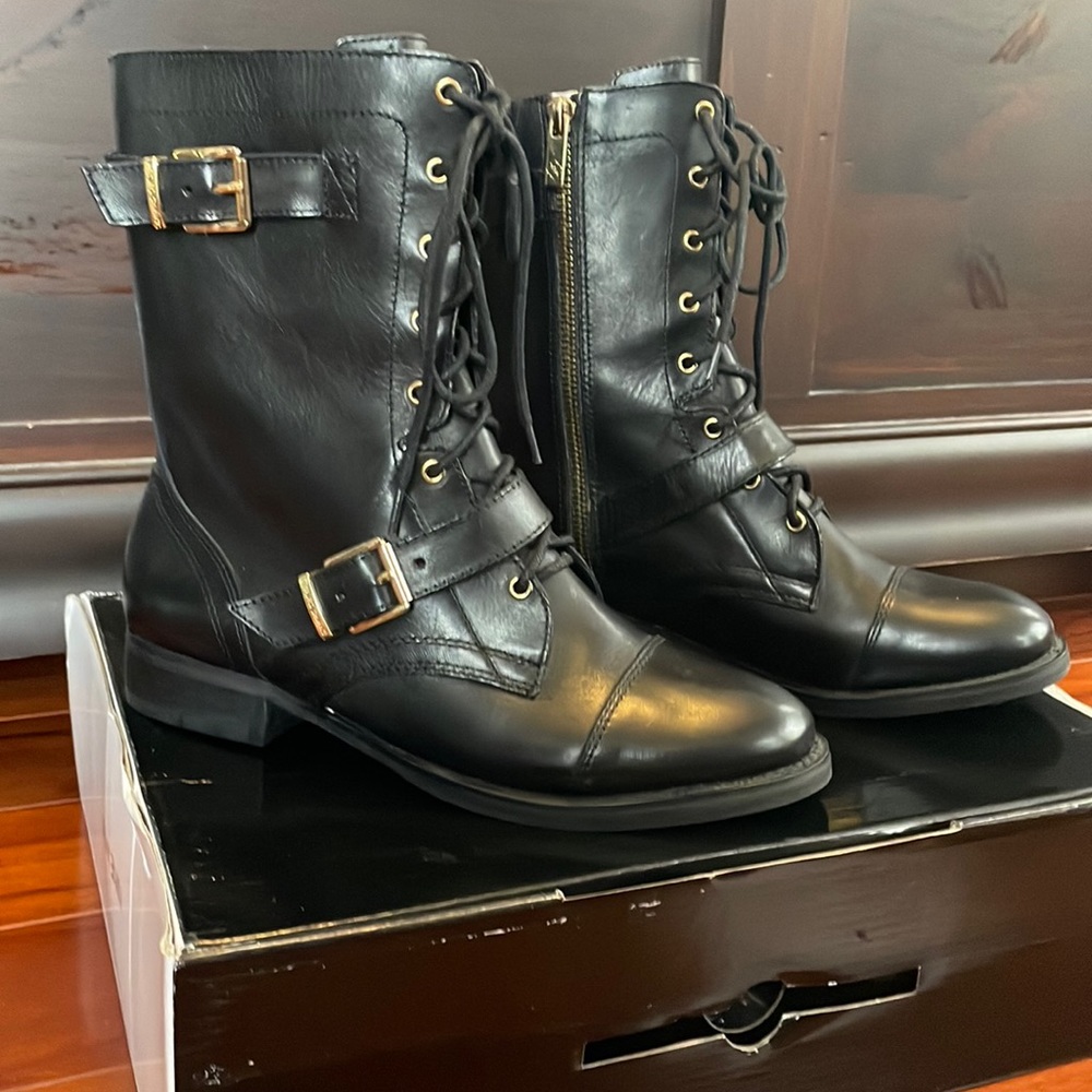 Arturo Chiang black leather combat boots. New without box. Size 7.5 M.